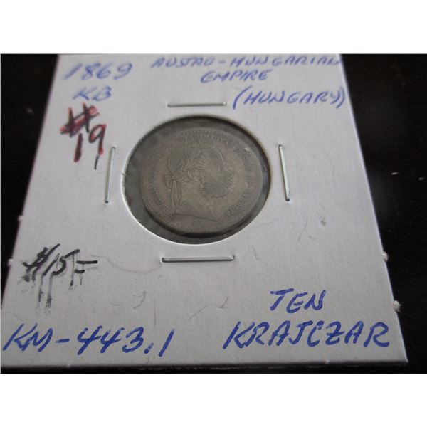 1869 HUNGARY SILVER TEN KRAJCEAR COIN
