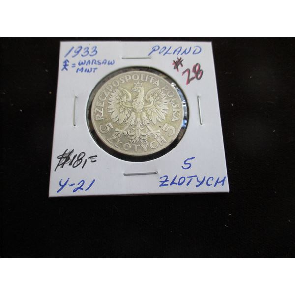 1933 POLAND WARSAW MINT SILVER 5 ZLOTYEG