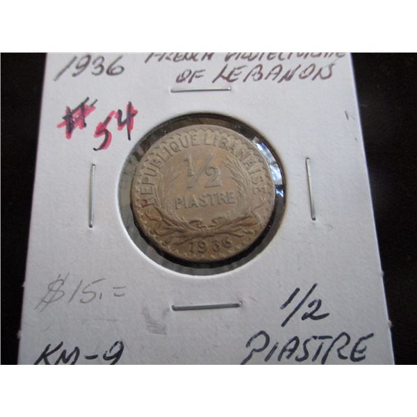 1936 FRENCH PROTECTORATE OF LEBANAN 1/2 PIASTRE
