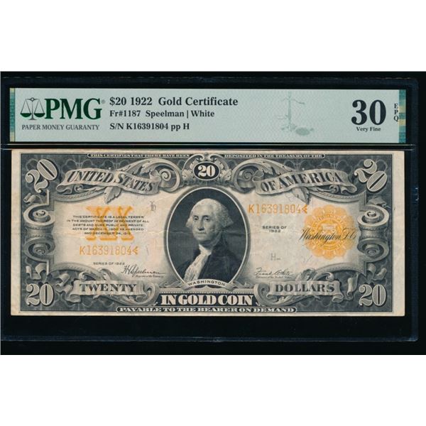 1922 $20 Gold Certificate PMG 30EPQ 1922 $20 Gold Certificate PMG 30EPQ