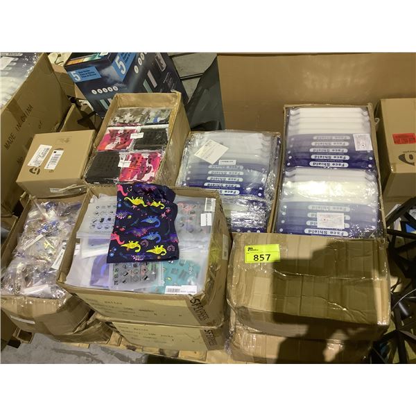 PALLET OF CLEAR FACE SHIELDS, FINGER EXTENDERS/KEYCHAINS & BANDANAS