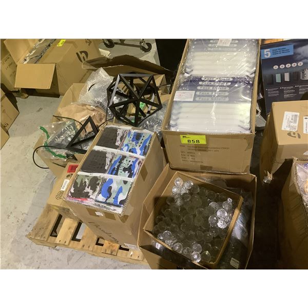 PALLET OF ASSORTED ITEMS INCLUDING; CLEAR FACE SHIELDS, BANDANAS, LIGHT FIXTURES & MORE