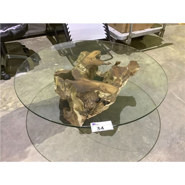 SOLID TEAK ROOT BASE COFFEE TABLE WITH GLASS TOP APPROX 39.5"
