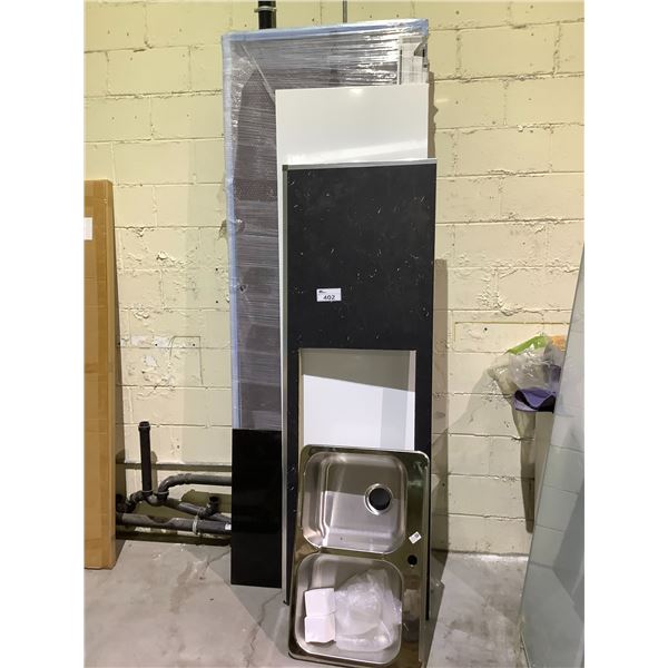 ASSORTED ITEMS INCLUDING: STAINLESS STEEL DOUBLE SINK, TABLETOP, COUNTERTOP AND MORE