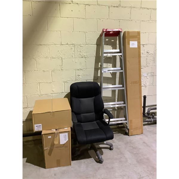 ASSORTED ITEMS INCLUDING: 6FT ALUMINUM STEP LADDER, ROLLER OFFICE CHAIR, PULLOUT FULL HEIGHT