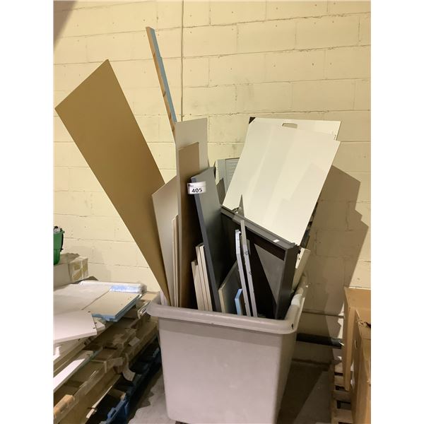 BIN OF ASSORTED CABINET ITEMS INCLUDING: DRAWERS, TRIM, PADDLES AND MORE (BIN NOT INCLUDED)