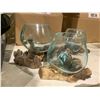 Image 2 : 3 HANDMADE MOLTEN GLASS BOWLS ON TEAK WOOD BASES