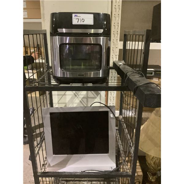 BELLA PRO SERIES AIRFRYER, SOUND BAR AND SONY MONITOR
