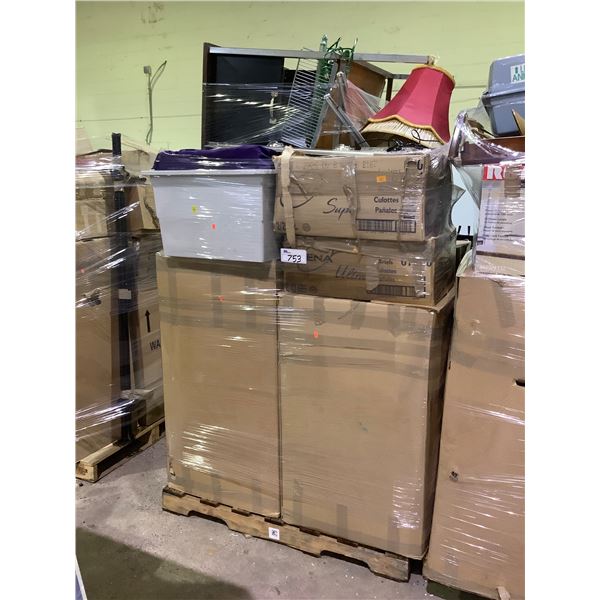 PALLET OF STORAGE LOCKER CONTENTS INCLUDING; DESK, LAMP SHADES, CUSHIONS & MORE