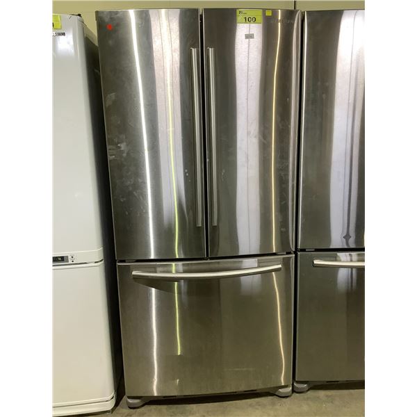 SAMSUNG STAINLESS STEEL FRENCH DOOR FRIDGE WITH ROLLOUT FREEZER (SOME CLEANING REQUIRED)