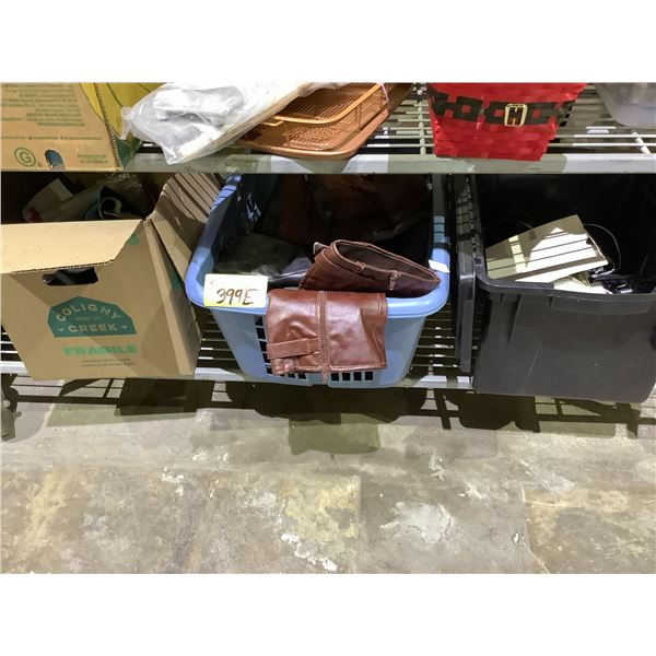 ASSORTED ITEMS INCLUDING; BOOTS & SHOES, LAUNDRY BASKET, ASSORTED CORDS & MORE
