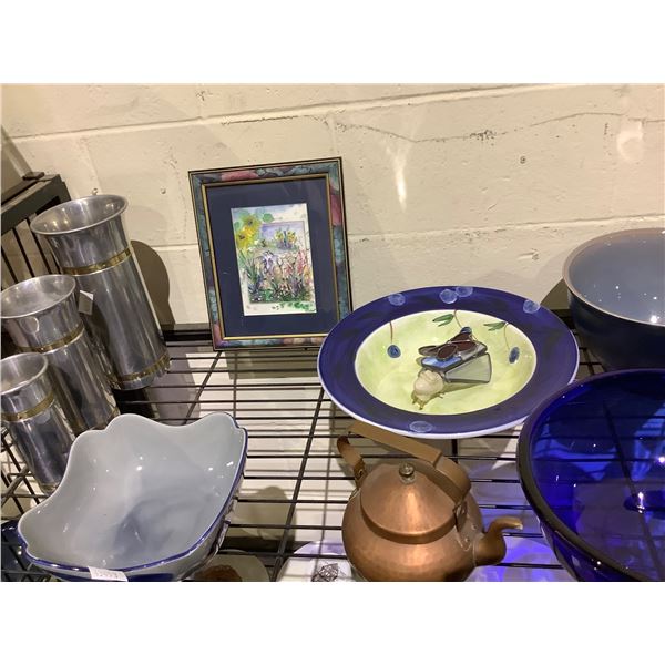 ASSORTED ITEMS INCLUDING; BOWLS, VASES, COPPER TEAPOT & MORE