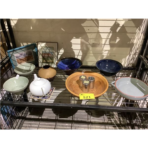 ASSORTED ITEMS INCLUDING; BOWLS, TEAPOT, FRAMED ART & MORE