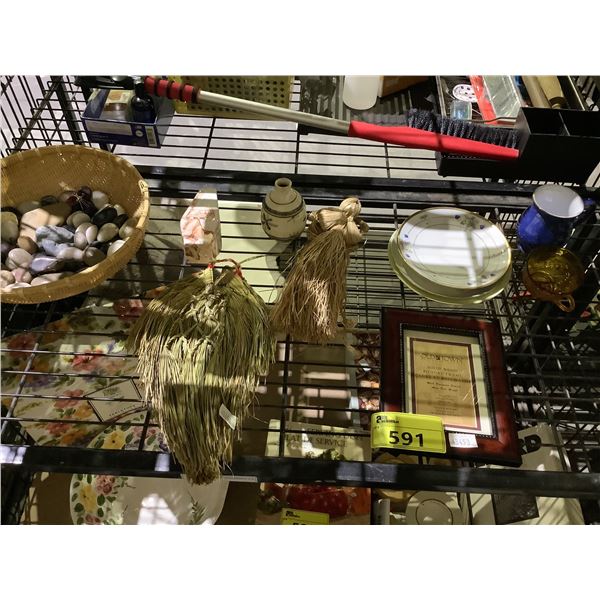 ASSORTED ITEMS INCLUDING; WOVEN BASKET WITH ASSORT STONES, DISHWARE, PICTURE FRAME & MORE