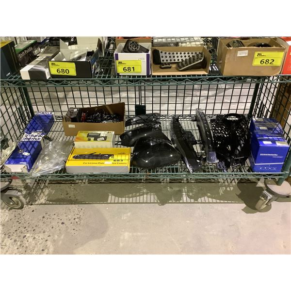 ASSORTED CAR PARTS INCLUDING; LICENSE PLATE REAR VIEW CAMERA, SIDE MIRROR BACKS, HEADLIGHTS & MORE