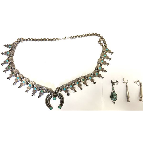 Vintage Sterling Silver Turquoise Necklace And Earrings