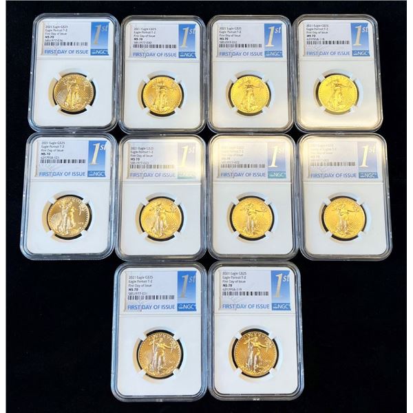 (5) 2021 $25 Gold Eagle Type 2 First Day NGC MS70