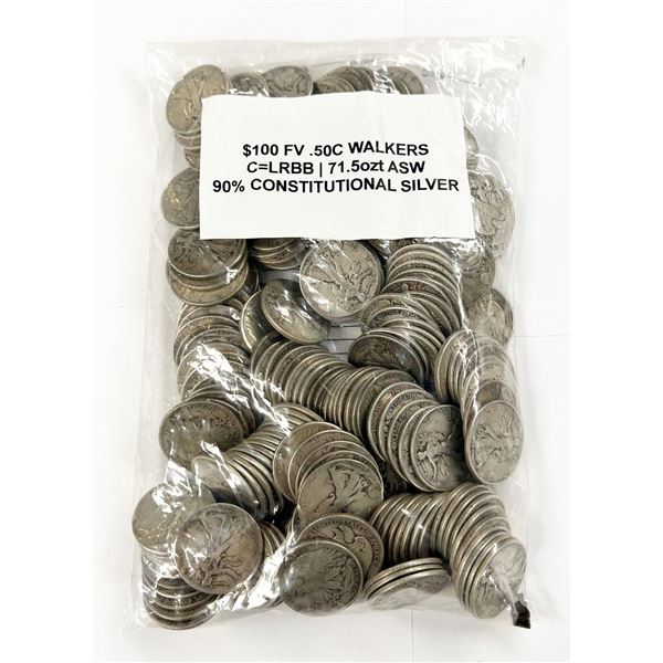 $100 FV Sealed Evidence Bag 90% Silver Walkers 50C
