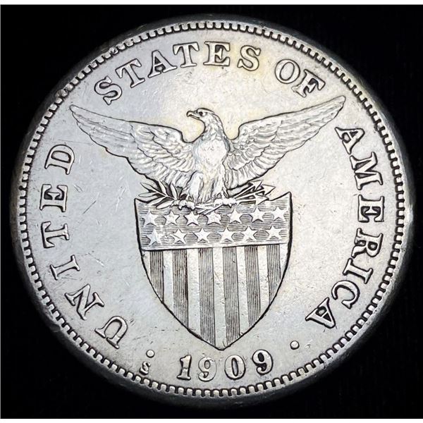 1909 Philippine 80% Silver 1 Peso .514 ozt ASW XF Details