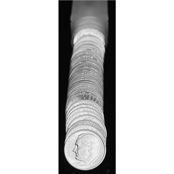 1960 Mint Condition 90% Silver Dime Roll (50-Coins)