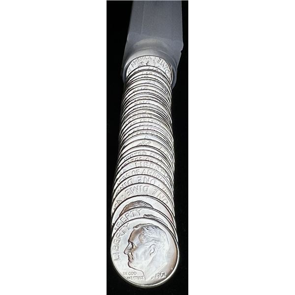 1961 Mint Condition 90% Silver Dime Roll (50-Coins)