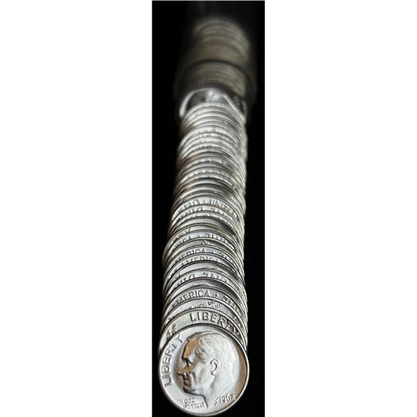 1962-P Mint Condition 90% Silver Dime Roll (50-Coins)