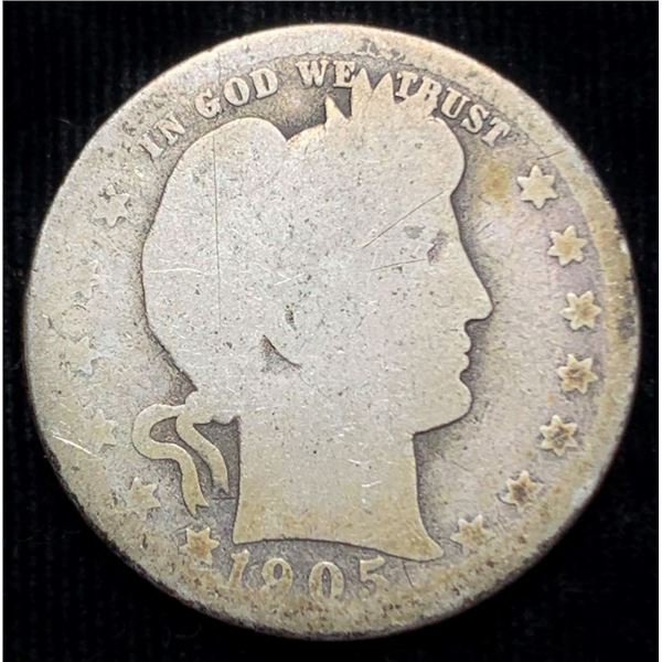 Rare Date 1905-S Barber 90% Silver Quarter
