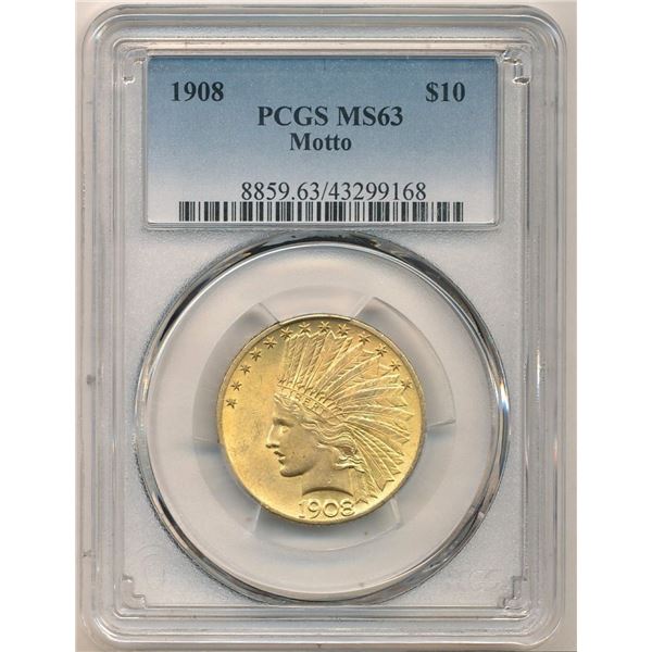 Last Minute! 1908 $10 Indian Gold Motto PCGS MS63