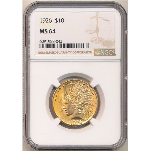 Last Minute! 1926 $10 Indian Gold NGC MS64