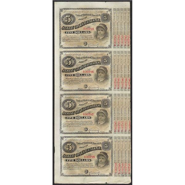 Uncut Sheet of (4) State of Louisiana Baby Bond Obsolete Notes