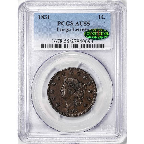 1831 Large Letters Coronet Head Large Cent Coin NGC AU55 CAC