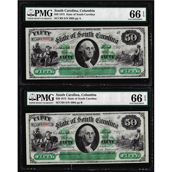 Lot of (2) 1872 $50 State of South Carolina Obsolete Note PMG Gem Uncirculated 66EPQ