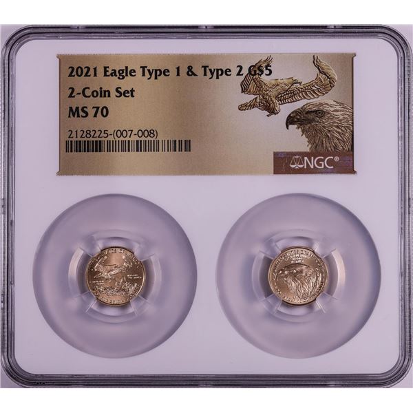 Set of 2021 Type 1 & Type 2 $5 American Gold Eagle Coins NGC MS70