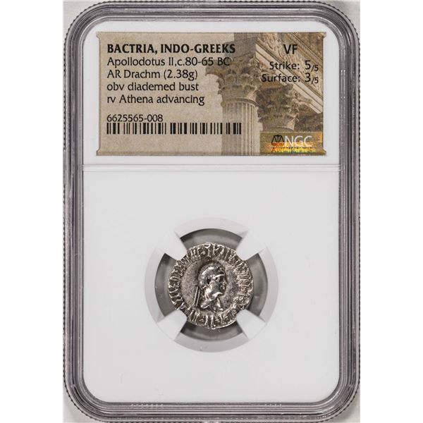 80-65 BC Bactria, Indo-Greeks Apollodotus II AR Drachm Ancient Coin NGC VF