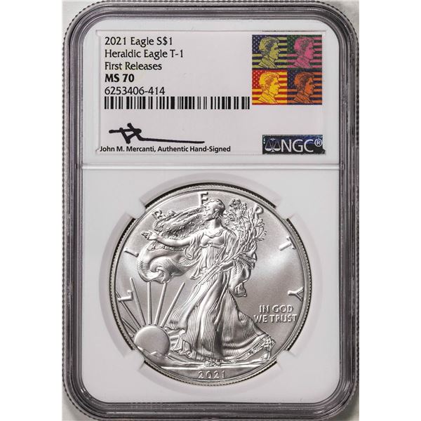 2021 Type 1 $1 American Silver Eagle Coin NGC MS70 First Releases Mercanti Signed