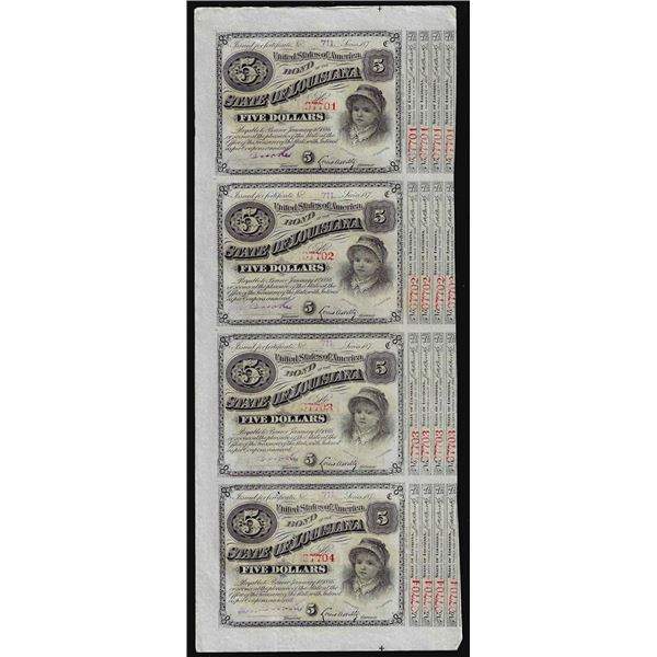 Uncut Sheet of (4) State of Louisiana Baby Bond Obsolete Notes