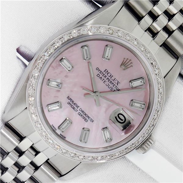 Rolex Men's Stainless Steel Pink MOP Baguette Diamond Datejust Wristwatch