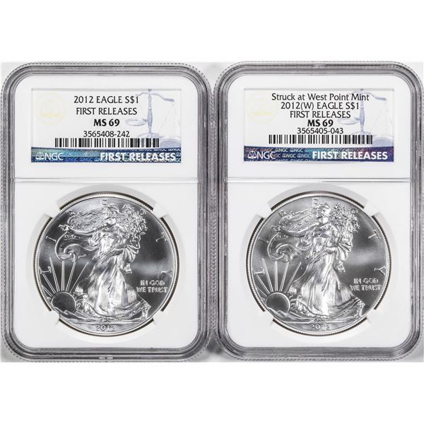 2012 & 2012-(W) $1 American Silver Eagle Coins NGC MS69 First Releases