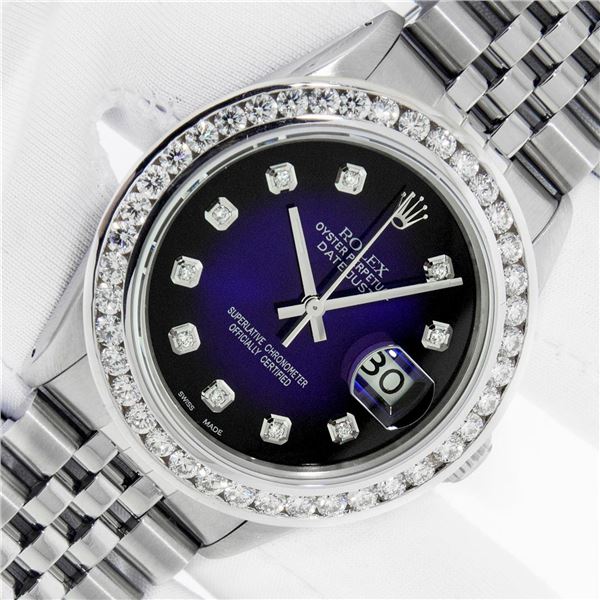 Rolex Men's Stainless Steel Blue Vignette 3 ctw Diamond Datejust Wristwatch