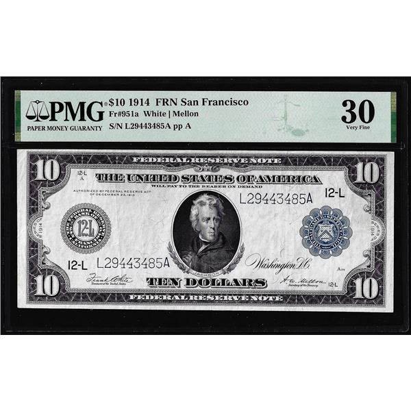 1914 $10 Federal Reserve Note San Francisco Fr.951A PMG Very Fine 30