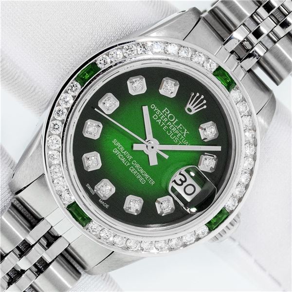 Rolex Ladies Stainless Steel Green Vignette Diamond & Emerald Datejust Wristwatch