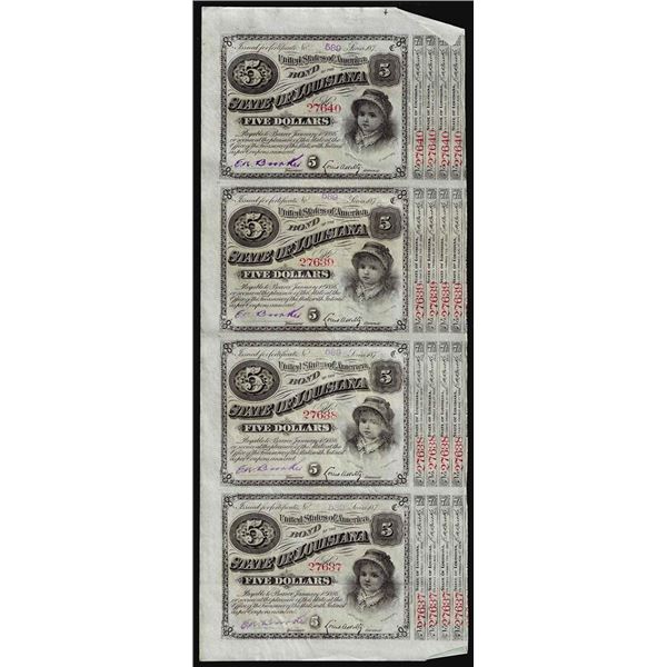 Uncut Sheet of (4) State of Louisiana Baby Bond Obsolete Notes