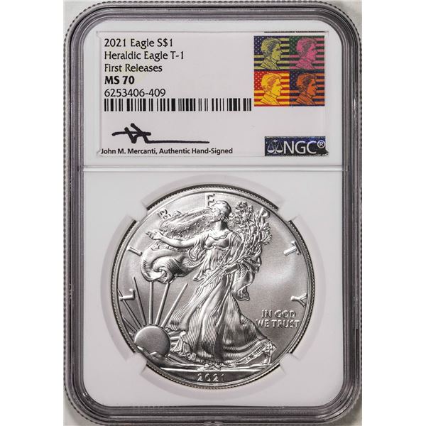 2021 Type 1 $1 American Silver Eagle Coin NGC MS70 First Releases Mercanti Signed