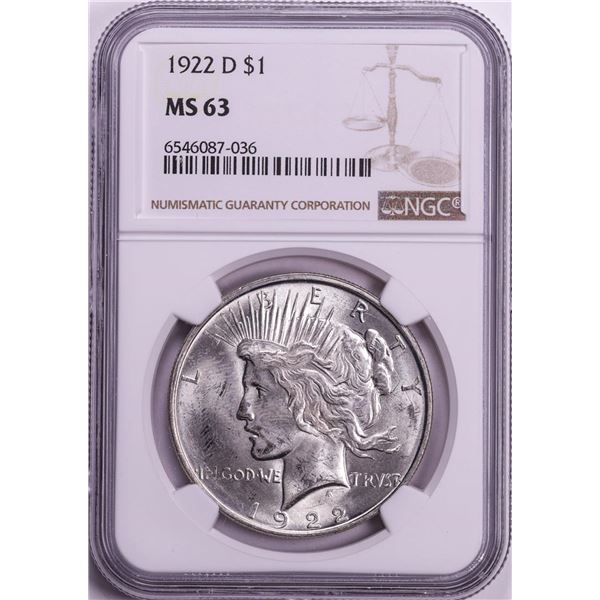 1922-D $1 Peace Silver Dollar Coin NGC MS63