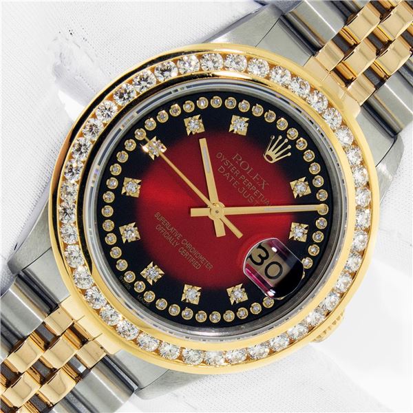 Rolex Men's Two Tone Red Vignette 3 ctw Channel Set Diamond Datejust Wristwatch