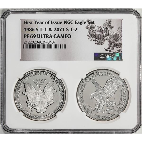 1986-S & 2021-S First Year of Issue $1 Proof Silver Eagle Coin Set NGC PF69 Ultra Cameo