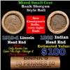 Image 1 : Mixed small cents 1c orig shotgun roll, 1919-d Wheat Cent, 1889 Indian Cent other end, Brinks Wrappe