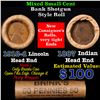 Image 1 : Mixed small cents 1c orig shotgun roll, 1918-d Wheat Cent, 1887 Indian Cent other end, Brinks Wrappe