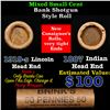 Image 1 : Mixed small cents 1c orig shotgun roll, 1919-s Wheat Cent, 1887 Indian Cent other end, Brinks Wrappe