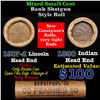 Image 1 : Mixed small cents 1c orig shotgun roll, 1917-d Wheat Cent, 1890 Indian Cent other end, Brinks Wrappe